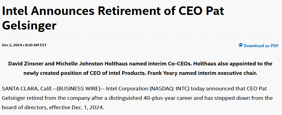 英特尔CEO基辛格突然退休,股价意外上涨引发关注(图1) 英特尔CEO基辛格突然退休,股价意外上涨引发关注(图1)