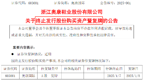 奥康国际终止收购半导体企业 跨界转型遇阻股价跌停